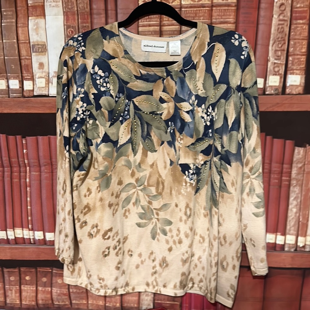 Alfred Dunner XL Blue Beige Floral Border Print Embellished Knit Top